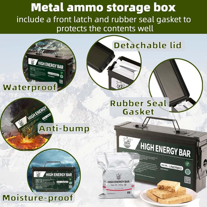 BDH Emergency Food Ration Bars - Waterproof Metal Storage Box Packing, Metal Ammo Can, Long Shelf Life Emergency Food Supplies, 9 Days Food Rations Supply for Outdoor Camping Hiking Snowstorm,12 Count - Image 3